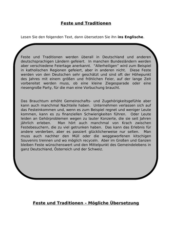 Feste und Traditionen - translation into English for AQA A Level German