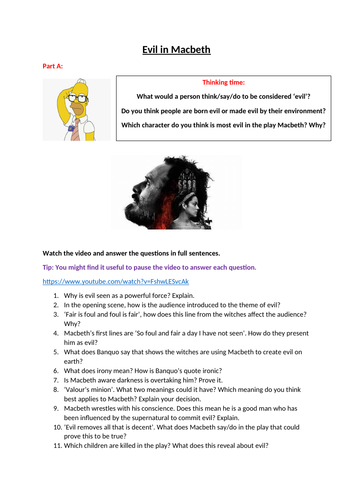 Theme of evil in Macbeth home learning booklet