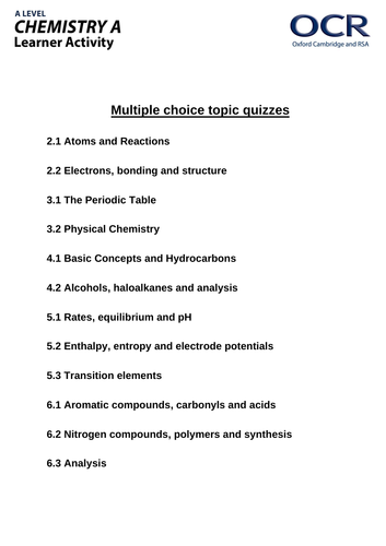 OCR Chemistry A - H032, H432 (from 2015) - Multiple choice quizzes and answers