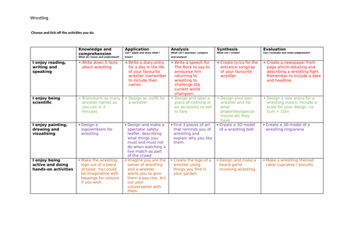 Home Learning wrestling themed activities