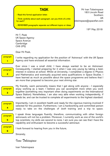 Formal Letter - Astronaut application & Paragraph Identifying