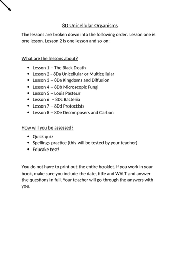 8D Unicellular Organisms Activity Booklet