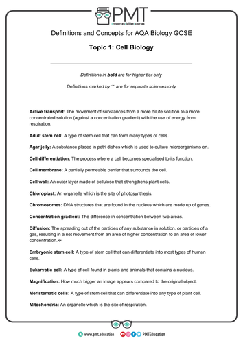 AQA GCSE Biology Definitions (new 9-1 spec)