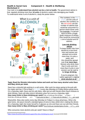 BTEC Health & Social Care Level 1/2 Component 3 ALCOHOL Worksheet