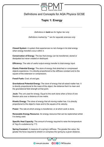 AQA GCSE Physics Definitions (new 9-1 spec)