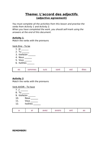 French worksheet adjective agreements