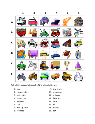 Vehicles in English Transportation Find it Worksheet