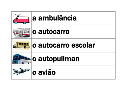 Veículos (Vehicles in Portuguese) Transporte Word Wall