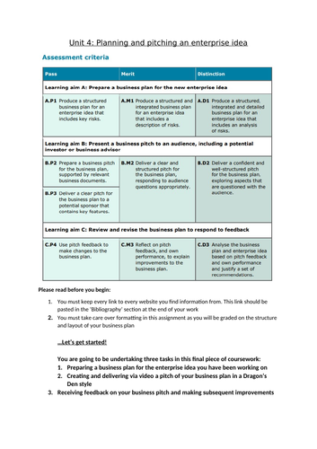 Unit 4 writing frame- Level 2 BTEC Technical in Business Enterprise