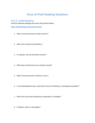 Burden of Proof Reading Questions Worksheet