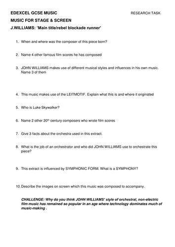 EDEXCEL JOhn Williamsset work worksheets