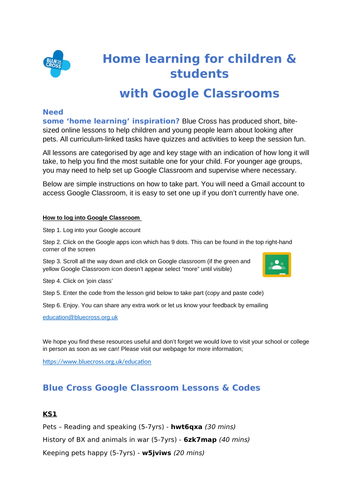 Blue Cross for Pets - 'Google Classroom' pet lessons