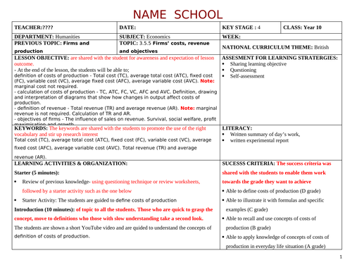 Lesson Plan on Economics, Firm's Plan and Revenue Objectives