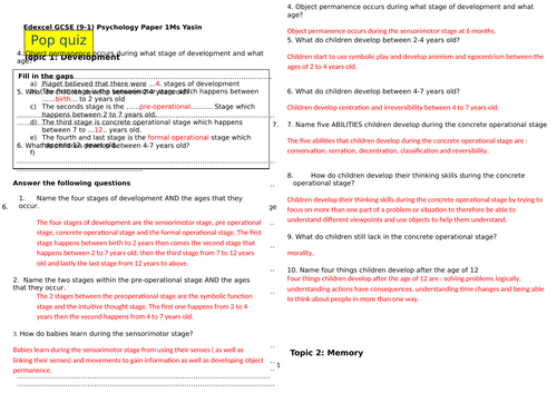 Edexcel 9-1 GCSE Psychology Pop quiz for paper 1
