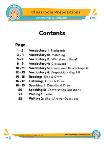 Contents Page for Classroom Prepositions Unit