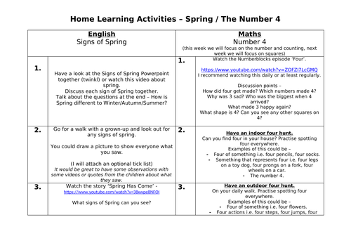 Spring and Number 4 (numberblocks) Home Learning Activities
