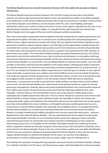 Weimar Germany AS essay. Full marks.