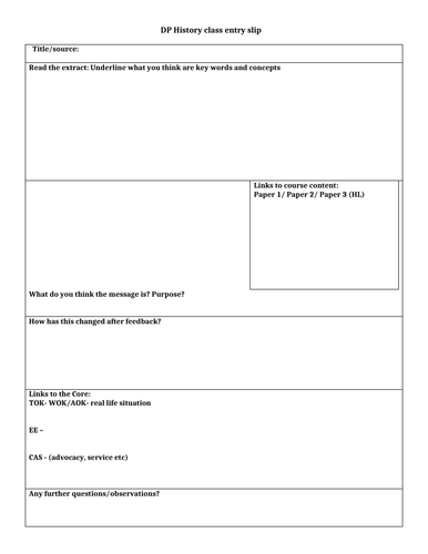 IB DP History lesson entry slip (link to DP TOK/CAS/EE)