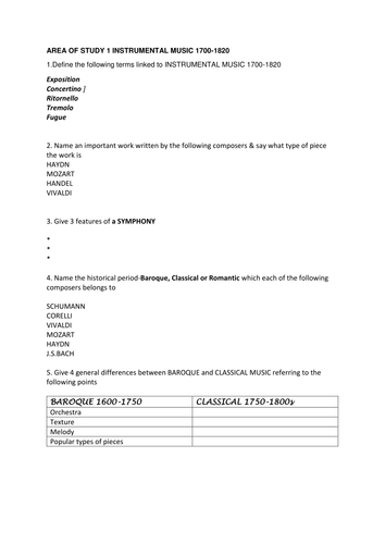 EDEXCEL GCSE MUSIC Setwork AOS 1 Instrumental Music worksheet and answers