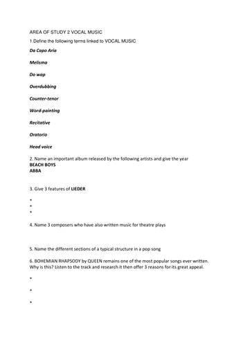Edexcel GCSE Music AOS 2 Vocal music worksheet and answers