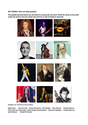 EDEXCEL GCSE MUSIC Setworks- Name the faces worksheet and answers