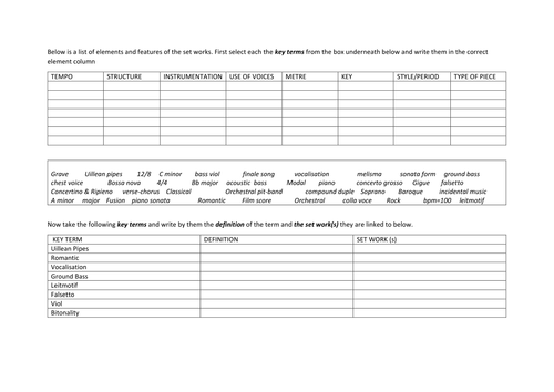EDEXCEL GCSE MUSIC  Worksheet and answers- Setwork key terms