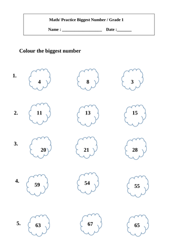 Math Worksheet - Biggest Number - Grade 1