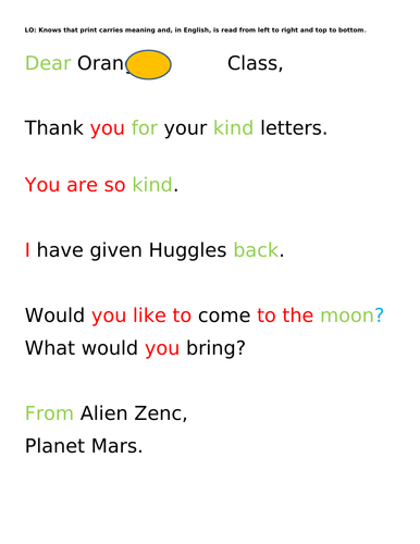 Letter from alien to Orange Class - Reception