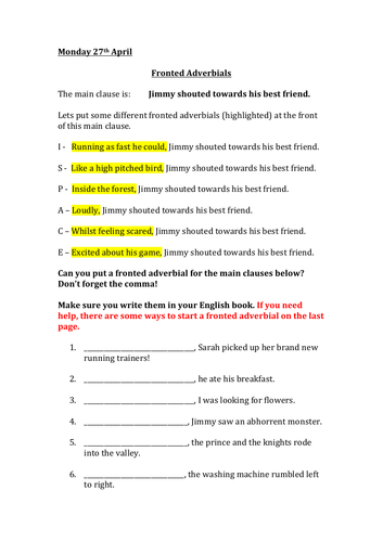 Fronted Adverbials worksheet