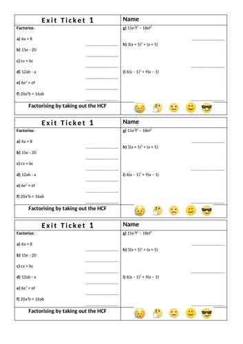 Factorising - Exit tickets, Next step questions and overall assessment paper.