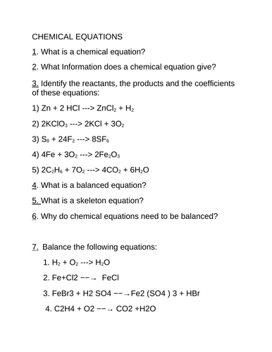Chemical Equations Conceptual Questions Teaching Resources