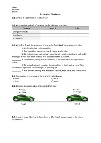 Acceleration - Worksheet (Printable and Distance Learning)