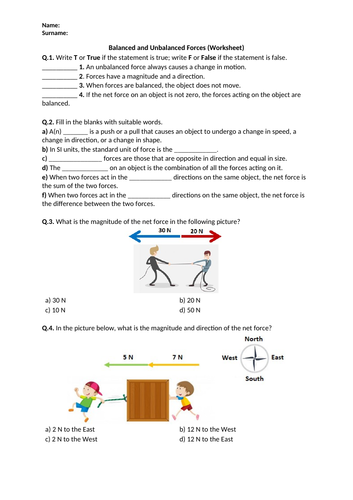 Balanced and Unbalanced Forces - Worksheet | Printable and Distance Learning