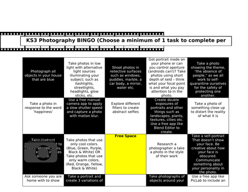 Photography Extended Learning Activities - Bingo Style