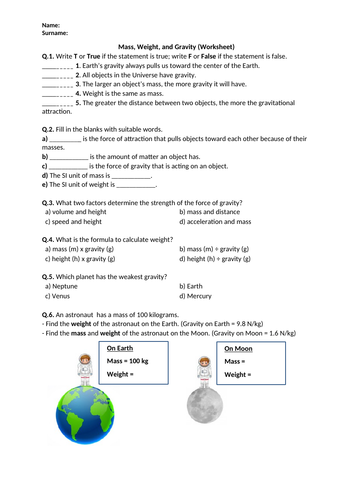 Mass, Weight, and Gravity - Worksheet | Printable and Distance Learning