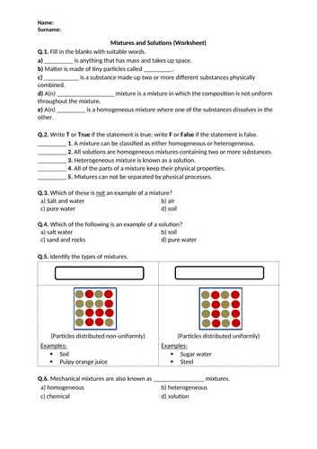 Mixtures and Solutions - Worksheet | Printable and Distance Learning