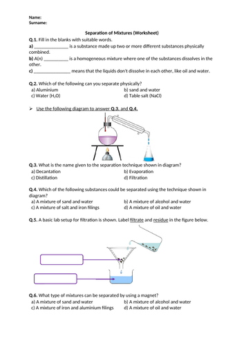 Separation of Mixtures - Worksheet | Printable and Distance Learning