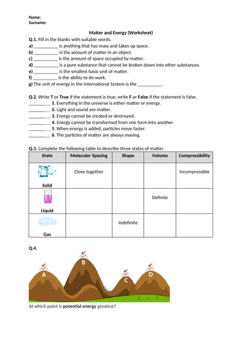Matter and Energy - Worksheet | Printable and Distance Learning