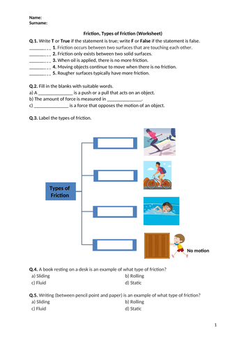 Friction, Types of Friction - Worksheet | Printable and Distance Learning