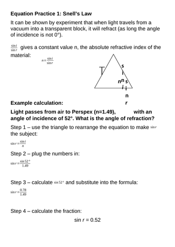 BTEC Applied Science Level 3 Unit 1:Snell's Law, Refractive Index & Critical Angle equation practice