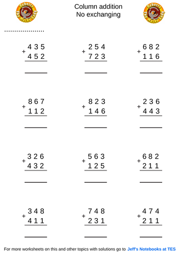 column addition 3 digits no exchanging teaching resources