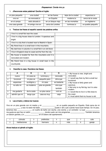 Spanish GCSE KS3 Donde vivo yo (Where I live) Topic Recap Worksheet