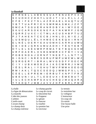 Baseball in French Wordsearch
