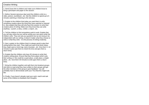 Zoom Lesson plans for Philosophy, Art and Creative Writing