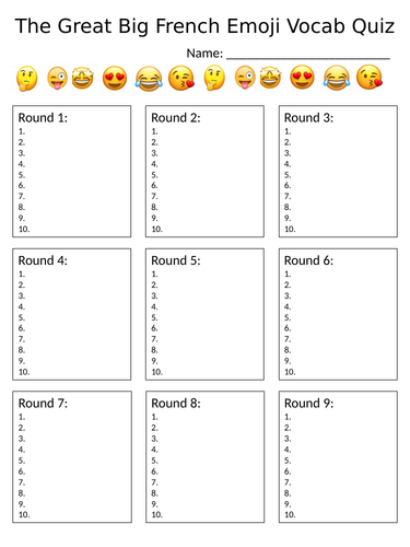 The Great Big French Emoji Vocab Quiz - sheet