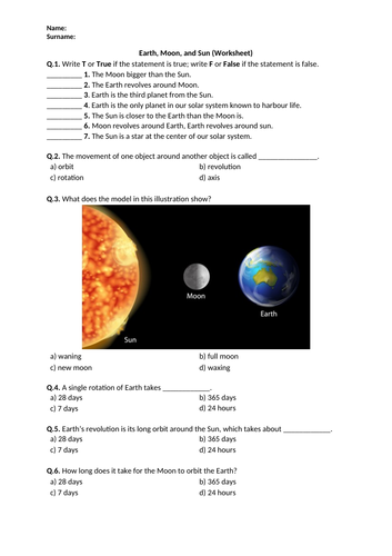 Earth, Sun, and Moon - Worksheet | Printable and Distance Learning