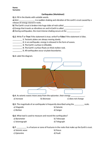 Earthquakes - Worksheet | Printable and Distance Learning