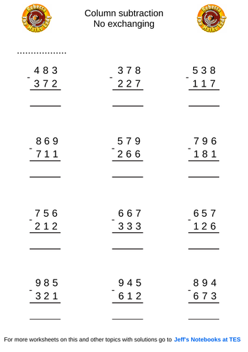 Column subtraction 3 digits no exchanging