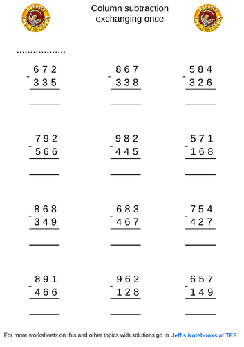 Column Subtraction 3 Digits Exchanging Once Teaching Resources