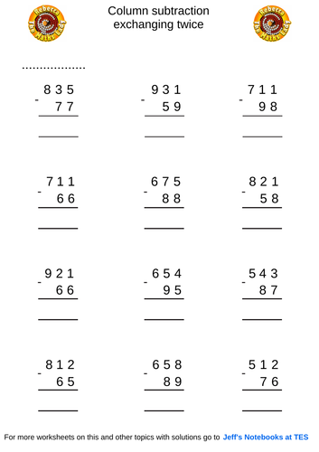 Column subtraction 3 digits exchanging twice